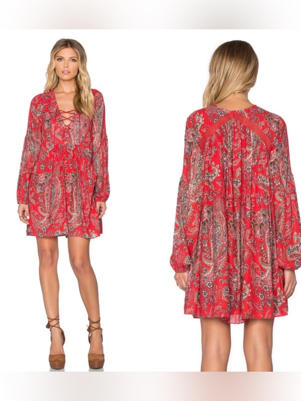 Free People Dress Rain or Shine Printed Dress Floral Red Boho Pockets size Large